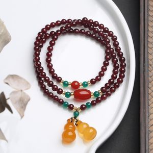 Multilayer Natural Garnet Grânulos Charme Pulseira Dupla Gourd Chalcedônia Pingente Corda Braceletes DIY Retro Estilo Simples Jóias Atacado