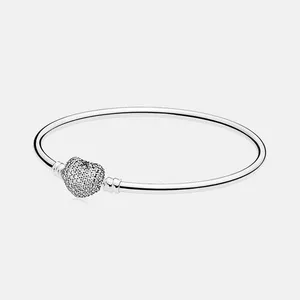 Gioielleria raffinata Autentico braccialetti con ciondoli Pandora in argento sterling 925 con perline Pave Heart Clasp Bracciale con catena di sicurezza Ciondolo perline fai da te