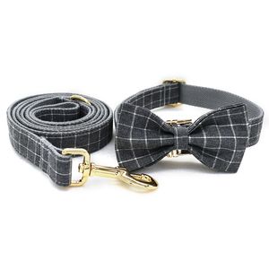 Grå Plaid Dog Leash Chain Collar Gold Metal Buckle Pet Collar Outdoor Sports Portable Husdjur Leash Products