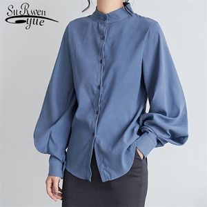 19 Vintage Lantern Sleeve Solid Blus Kvinnor Toppar Causal Loose Stand Collar Cardigan Kvinnor Skjorta Kläder Kemisier Femme 6593 50 210518