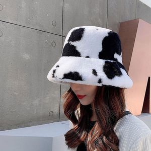 Brede rand hoeden koe print emmer hoed winter faux bont pluche voor vrouwen outdoor warme zon vrouwelijke dame zachte visser Panama cap