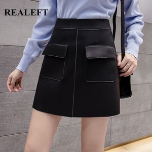 Autumn Winter Black PU Leather Sexy Wrap Short Skirts Pockets Chic High Waist Sheath A-Line Mini Female 210428