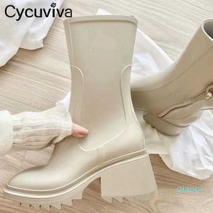 2022 Moda Nova Quadrada Toe Botas de Chuva para Mulheres Calcão Chunky Grosso Sole Botas Ankle Boots Boots Senhoras Bolsa de Bota de Bota