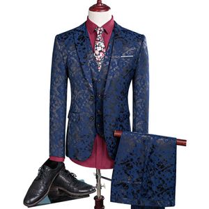 Men Suit Business Leisure Single Breasted Suits 3 Pieces Sets Male Printing Groom Wedding Dress Jacket Blazers Coat Vest Pants X0909