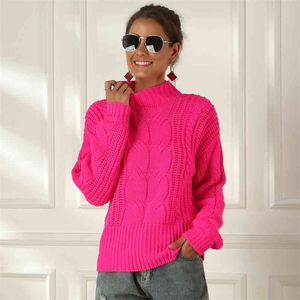 Неоновый свитер Женщины вязаные фуксии розовый сплошной половина водолазки пуловеры длинные повседневные свободные вязальные рубашки женские перемычки 210917