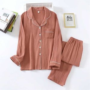 100% Cotton Couple Pajama Set Double Layer Crepe Pijama and Men Long Sleeve Pants Sleepwear Soft Breathable Nightwear 211215