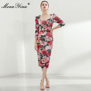 Moaa Yina مصمم الأزياء اللباس الصيف المرأة اللباس مربع طوق الأزهار طباعة سليم حزمة الأرداف شبكة مثير bodycon 210524