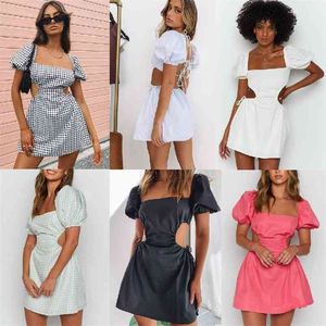 Summer Sexy Backless Temperament Women's 6-Color Square Collar Lace-Up Hollow Out Puff Sleeve A-Line Dress Femme Robe 210623