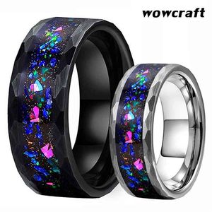 8mm Hammered Tungsten Carbide Rings for Men Women Wedding Bands Galaxy Crushed Opal inlay Brushed Finish Comfort Fit 210701