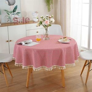 Dukduk runt bomullslinne Tassdukplattor Plaid Round Red Striped Lattice Table Map Bröllop S 211103