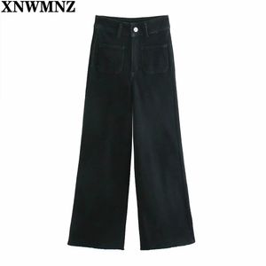 ZA Premium Patch Kieszonkowy Marine Dżinsy Dżinsy Dżinsowe Spodnie Vintage High Waist Zipper Fly Denim Kobiet Kostki Spodnie Mujer 210510