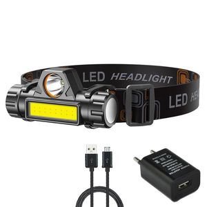 المصابيح الأمامية USB قابلة لإعادة الشحن كشافات محمولة XPE + COB 2 طرق ضوء مزدوج قوي بطارية مدمجة مقاومة للماء التخييم في الهواء الطلق