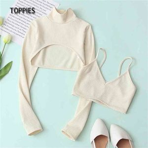 Beige Cropped Tops and Camisole Woman Two Piece Set Sexy Ribbed Knitted 210421