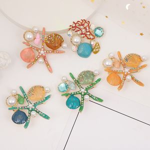 Sea Star Coral Starfish Broszki Pins Kobiety Pearl Zwierząt Ocean Series Party Office Broszka Rhinestone Pearl Pins Jewelry