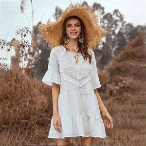 Foridol Tığ Püskül Beyaz Yaz Elbise Vintage Bohemian Kısa Elbise Yeni Rahat Plaj Tatil Elbise Vestidos 210415