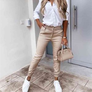 Frühling Frauen Mode Knopf Bleistift Hosen Elegante Slim Fit Feste Länge Hosen Herbst Büro Dame Casual Tasche Jogginghose 210915