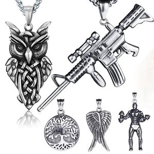 Retro ancient silver hip hop Necklace jewelry set Stainless steel motorbike Gun owl angel wing tree of life pendant necklaces with 60cm chain for woman man drop ship