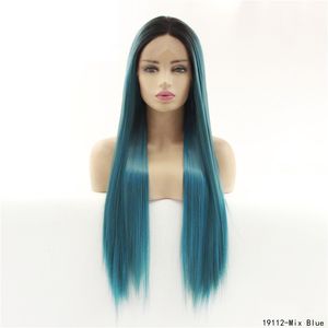 12~26インチ合成レースフロントウィッグシルキーストレートミックスブルーオムレカラーシミュレーションヒトヘアウィッグ19112  - ミックスブルー