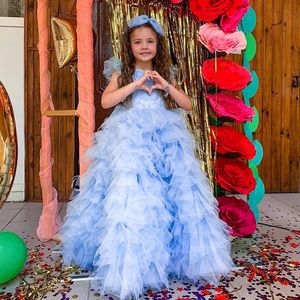 Hellhimmelblaues Rüschen-Stufenrock-Blumenmädchenkleid mit Federärmeln, Applikationen, Festzugkleid für kleine Kinder, formelles Kinderkleid