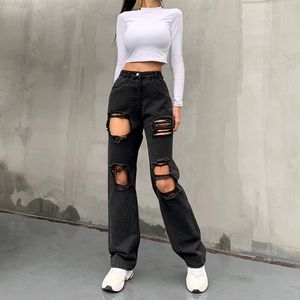 Y2K 90S Black Jeans Ripped Out Denim Pants High Waisted Cargo Women Vintage Korean Style Trousers Streetwear 210517