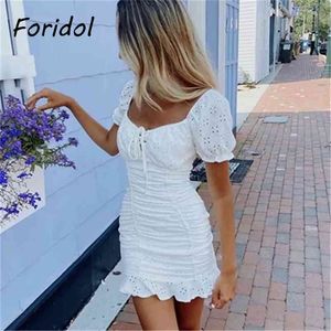 Foridol Flor Embrióderia Bodycon Branco Vestido de Verão Vestido Mulheres Buff Manga Hollow Out Algodão Ruffle Ruched Mini Beach Vestido 210415