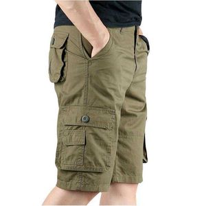 Sommar Mäns Casual Cotton Cargo Shorts Overaller Lång längd Multi Pocket Breeches Militärbyxor Man Beskuren 210714