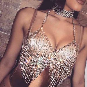 Sexig ihålig rhinestone fringed body bra bikini nattklubb glänsande kristall mesh party clubwear bröstkedja smycken