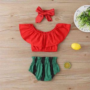 Summer Dzieci Zestawy Dorywczo Dziewczyny Bez Rękawów O Neck Ruffles Czerwone Solidne Topy Zielone Spodnie Cute Odzież 9m-4T 210629