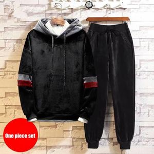 Gold veludor de manga comprida calças terno do outono masculino e camisola de inverno mais espessura casual sportswear roupas de ginástica de duas peças