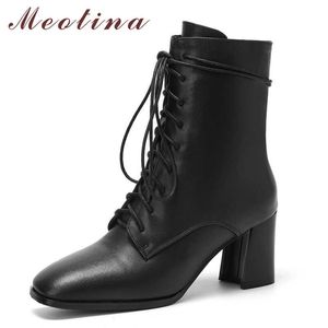 Meotina Kısa Çizmeler Kadın Ayakkabı Gerçek Deri Yüksek Topuk Ayak Bileği Çizmeler Kare Toe Kalın Topuklu Zip Lace Up Lady Çizmeler Kış Siyah 45 210608