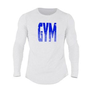 Muscleguys Classic Gym文字長袖Tシャツ男性ブランド服カジュアルスリムフィットボディービルチとフィットネスストレッチTシャツ210421