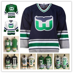 Benutzerdefinierte Hartford Whalers Vintage CCM Hockey-Trikots, jeder Name, jede Nummer, genäht, Mike Liut, CHRIS PRONGER, Ron Francis VERBEEK, Kevin Dineen, Glen Wesley, Grün, Weiß, Marineblau