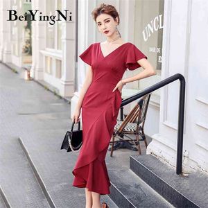 Luxus Elegante Lange Frauen Kleid Rot Romantik Französisch Tiefem V-ausschnitt Backless Schlank Party Rüschen Urlaub Vestido 210506