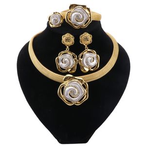 Mulheres africanas ouro cor colar jóias conjuntos de brincos de cristal anel clássico casamento flor jewellry conjunto para noiva