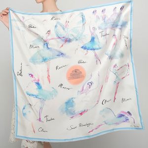Ballet Girl Print 100% Natural Scarf Designer Dancing Pure Silk Wrap Office Clothes Women Square Head Scarves 53*53cm