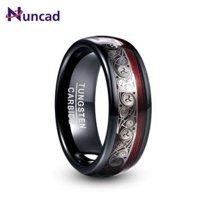 Nuncad 8mm largo tungstênio anel de aço chapeamento preto inlay triplo padrão espiral + guitarra vermelho string tungstênio tubercado t229r 220209