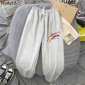 Harajuku Jogadores Arco-íris Impressão Vintage Sweatpants Mulheres Calças Altas Cintura Calças Streetwear Corean Casual Pant Femme 210519