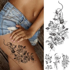 Autoadesivo del tatuaggio temporaneo impermeabile Fiore Serpente Nero Flash Tatuaggi Linea di schizzo femminile Body Art Braccio Coscia Tatuaggio finto Maschio