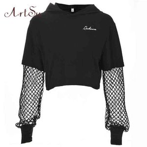 ArtSu Black Cropped Sweatshirt Long Sleeve Top Women Hoodies Hooded Streetwear Kpop Harajuku Hoodie Mesh Hoody Clothes 211108