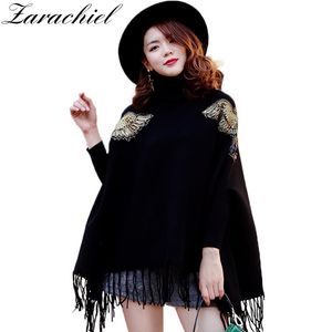 Winter Women Runway Knitted Wool Sweater Embroidery Gold Beading Eagle Tassel Poncho And Cape Turtleneck Pullovers Outwear 210416