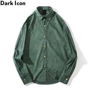 Suede Shirt Men Turn-down Collar Plain Shirt Long Sleeve Streetwear Men's Shirts Black Green 210603