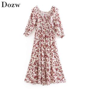 Floral Print Elegant Dress Women Ruffles Half Sleeve Vintage Pleated Square Neck Holiday Beach Female Ropa Mujer 210515