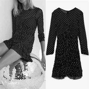 Black Dot Mesh Tulle Mini Dress Women Winter Ruched Ruffle Long Sleeve Sexy Party es Ladies Vintage 210519