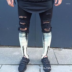 Wholesale- Cool Ripped Zipper Jeans For Men Skinny Destroyed Famous Slim Brand Designer Hip Hop Swag Tyga Black White Patchwork Biker Jeans1