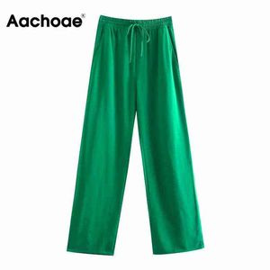 aachoae女性ワイドレッグパンツグリーンカジュアルロングズボンファッションビンテージハイストリートレディパンタロン211124