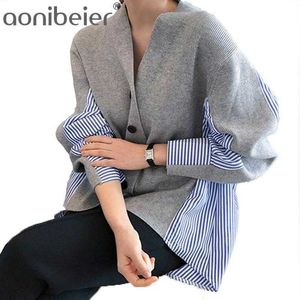 Spring Women's Sweaters Patchwork Srtiped Knitting V-Neck Stylish Knitted Button Cardigans Loose Tops Outwear 210604