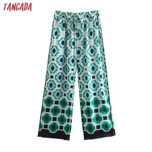 Tangada Women Green Geometry Print Wide Leg Long Pants Trousers Vintage Style Strethy Waist Lady Pantalon 5Z137 211115