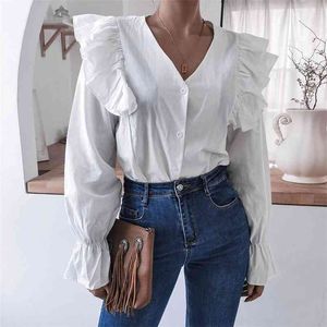 Autumn White vintage shirt Blouses for women blouse with V bell-sleeve ruffles casual white tops Women's clothing 210508