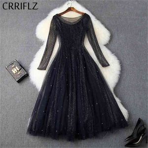 Medium Long Mesh Women Dress Fantasy Starry Sky A Line Transparent Full Sleeve O-Neck Party 210520