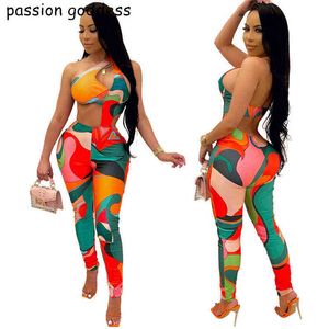 Plus Storlek Sommar Sexig Skinny Long Jumpsuit Women Rompers Ärmlös Backless Hollow Out One Shoulder Bodycon Print Overaller 211116